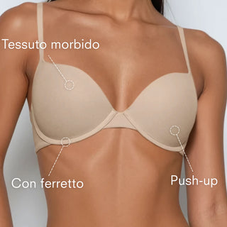 Beige bra with text labels on a plain background