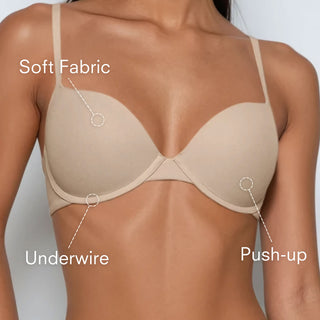 Beige bra labeled with 'Soft Fabric', 'Underwire', and 'Push-up' on a neutral background