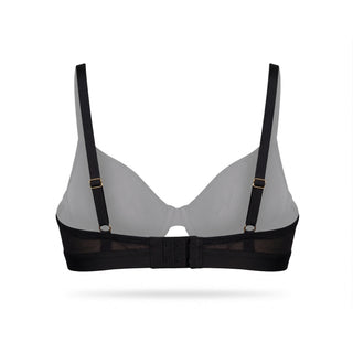 Black bra with mesh panels on a white background