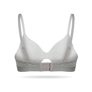 Gray bra with lace trim on a white background