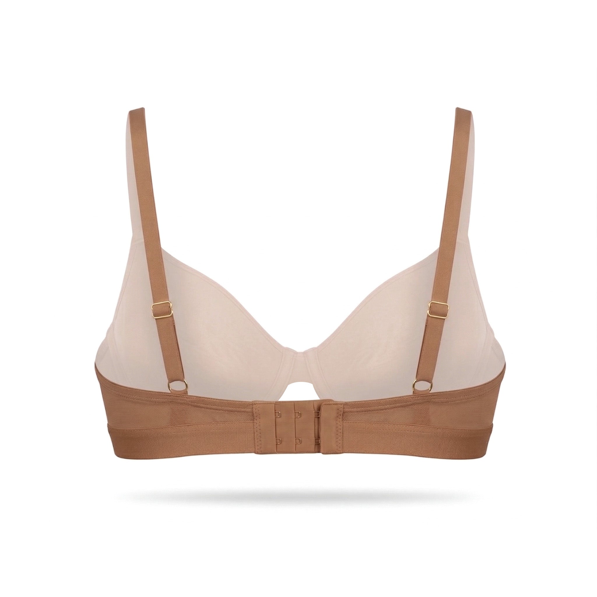 Beige bra with brown straps on a white background