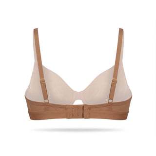 Beige bra with brown straps on a white background