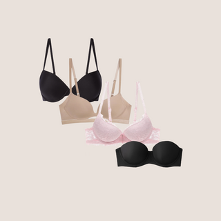 A collection of four push-up bras in black, beige, pink, and without straps, displayed against a white background.