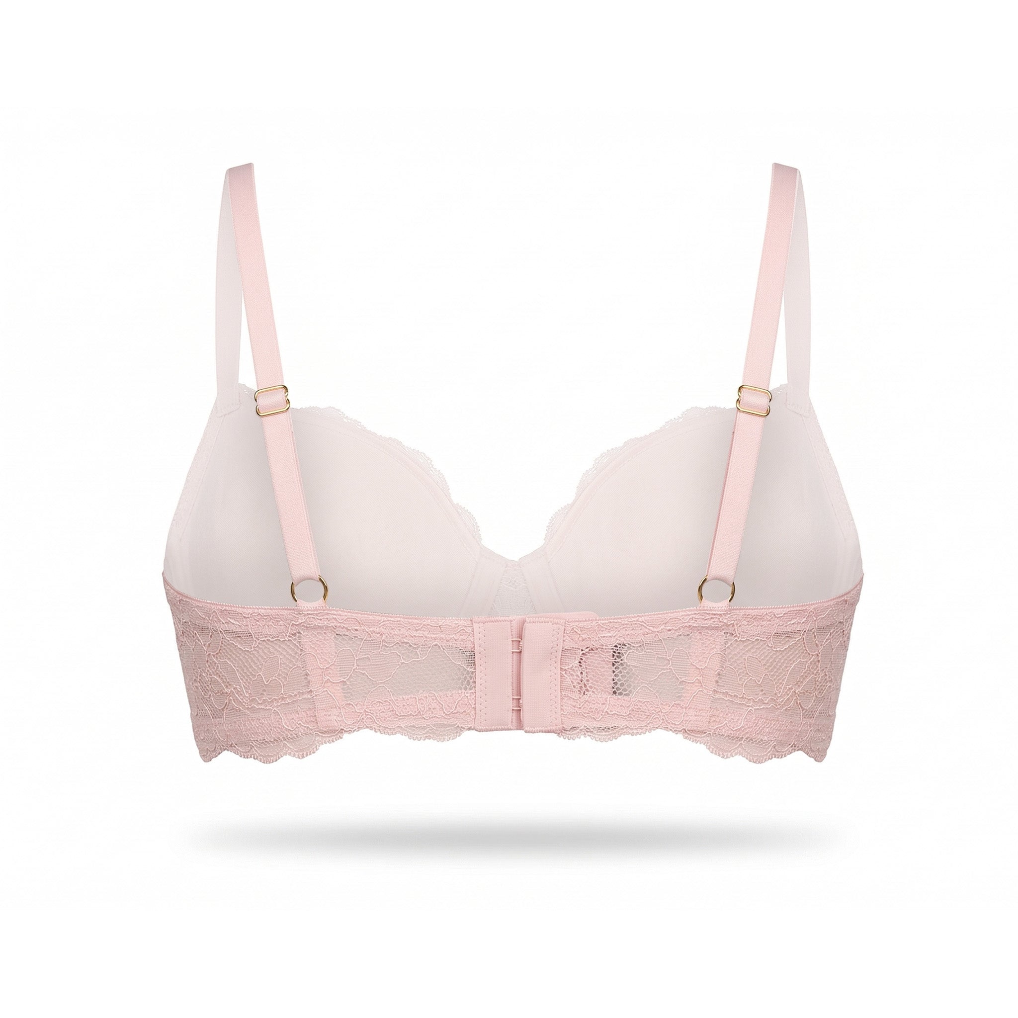 Pink bra with lace details on a white background