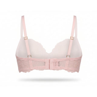 Pink bra with lace details on a white background