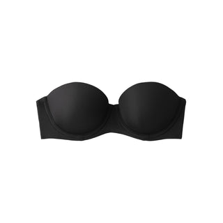 Black strapless bra on a white background