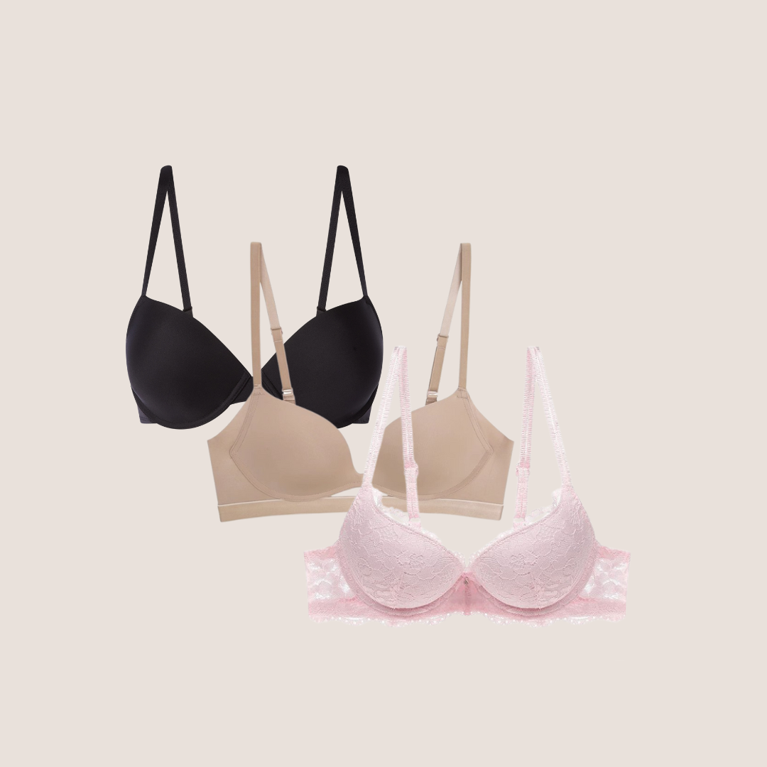 Three bras in different colors (black, beige, pink) displayed frontally against a white background, showcasing their design and color variation.