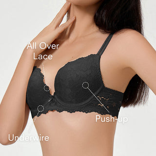 Black lace bra with labeled features on a neutral background