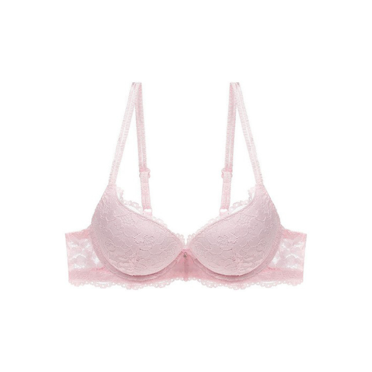 Pink bra with lace details on a white background