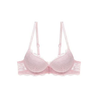 Pink bra with lace details on a white background