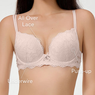 Lace bra with labeled features on a neutral background