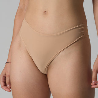 Beige high-waisted bikini bottom on a neutral background