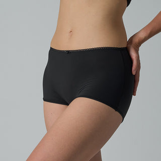 Black underwear worn by a person on a gray background