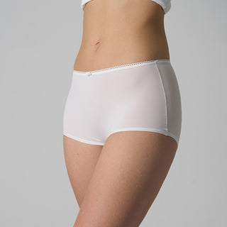 White underwear worn by a person on a gray background