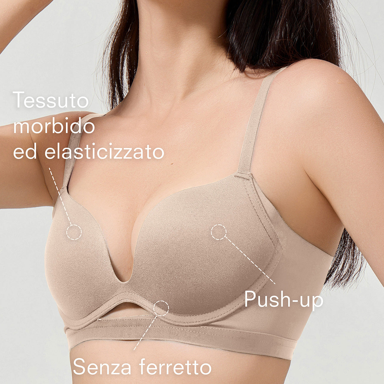 Beige bra with text highlighting features on a plain background