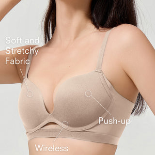 Beige bra with text labels on soft and stretchy fabric, push-up, and wireless features.