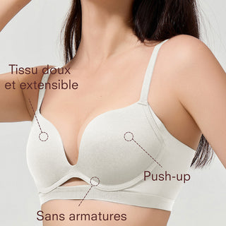Woman wearing a light gray bra with text highlighting features on a plain background