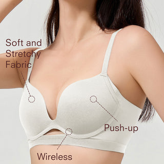 Woman wearing a light gray bra with text highlighting features on a plain background