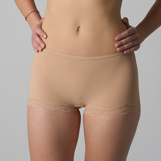 Beige lace-trimmed underwear on a plain background