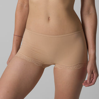 Beige lace-trimmed underwear on a plain background