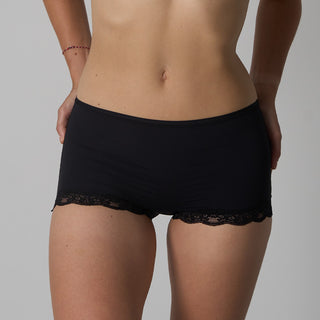 Black lace-trimmed underwear on a plain background