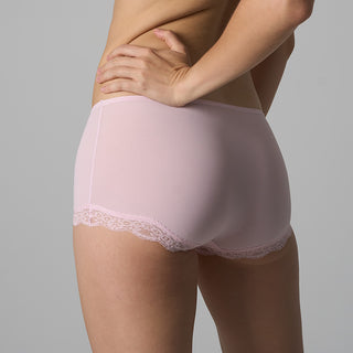 Pink lace-trimmed underwear on a gray background